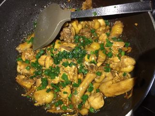 15、红炆鸡块,然后撒上葱花翻炒均匀即可出锅