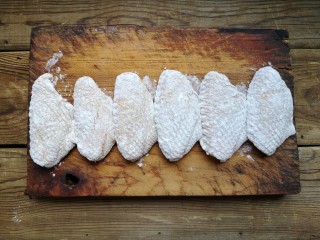 11、咸蛋黄鸡翅,把鸡翅裹粉，揉搓均匀，放一边等待下油锅。