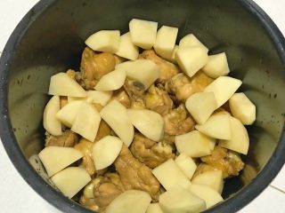 15、电饭煲+啤酒鸡翅根,倒入土豆块。