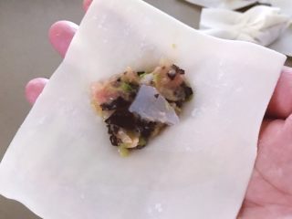 14、鲜虾时蔬小馄饨,取一个馄饨皮，放入少许的馅，以及一小块虾肉。