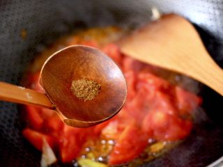 5、冬至美食~番茄青菜牛肉面,看见番茄块变软,加入花椒粉增加口感。