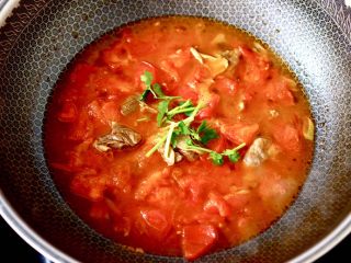 12、冬至美食~番茄青菜牛肉面,大火煮沸后,撒上香菜段即可关火。