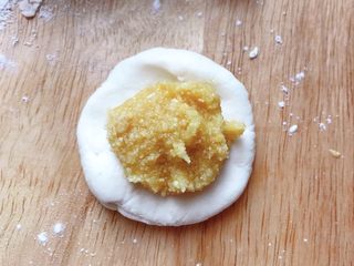 8、花生汤圆,包一块花生馅儿,用手慢慢收口,然后捏紧收口,之后用手揉圆,再表面滚一圈糯米粉。