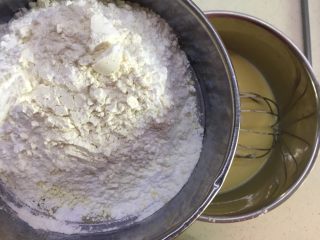 24、自制奶黄馅广式小月饼,三种粉混合后过筛加入蛋液中