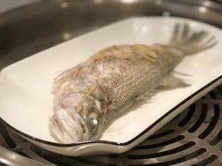 15、椒香葱油鲈鱼,去除多余汤汁，继续放入蒸锅开盖保温