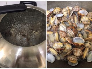 9、超下饭的油爆花蛤,盖上锅盖等2分钟，让它们都开嘴笑～不要加水哦！！放心让它焖烧，开口后的花蛤会自己吐出汁液的，不会糊锅。