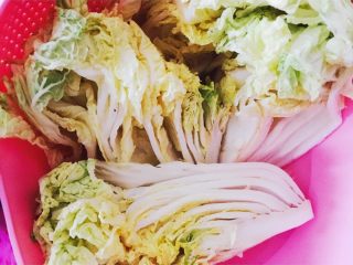 2、韩式辣白菜,白菜竖着切成四等份，用水冲洗干净后在每层白菜叶之间抹盐，抹好盐后静置两个小时以上待用。