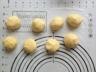 5、仿真雪梨馒头,发酵好的面团取出排气后，分成8等份。