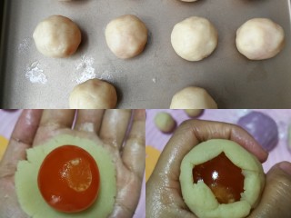 6、紫薯莲蓉蛋黄酥,将莲蓉分成10份，每份20g左右，包入蛋黄（我的蛋黄每个大约15g，依据蛋黄重量调整莲蓉份量，每个馅料总重保持35g就好），用虎口慢慢收圆，依次做好10个莲蓉蛋黄馅