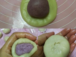 8、紫薯莲蓉蛋黄酥,取一个油皮包入油酥，捏紧收口，收口朝下放置，依次包好5个，松弛一会儿