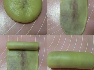 9、紫薯莲蓉蛋黄酥,进行第一次擀卷，将包好的面团收口朝上，用擀面杖从中间分别朝上朝下均匀擀成长条，自上而下卷起，收口朝下放置，松弛5分钟