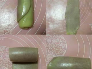 10、紫薯莲蓉蛋黄酥,进行第二次擀卷，面团收口朝上竖放，稍微按扁，用擀面杖上下轻轻擀开，再自上而下卷起，依次做完5个