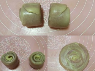 11、紫薯莲蓉蛋黄酥,如图用刀将面团从中间切开一分为二，切面朝下，用手按扁后擀开成圆形