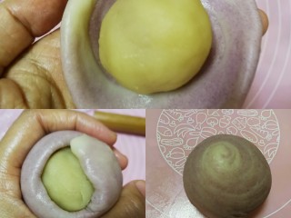 12、紫薯莲蓉蛋黄酥,依次包入事先准备好的莲蓉蛋黄馅，收口朝下放置