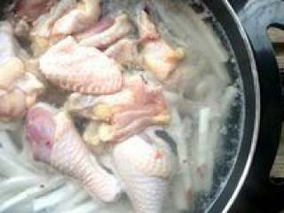 11、滋补养颜椰子鸡火锅,在放入适量猪油，枸杞，盐调味，在把鸡肉放进去煮过10来分钟。