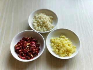 7、香菇辣酱,姜蒜去皮，辣椒切碎。