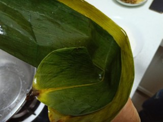 5、糯米蜜枣、桂圆、葡萄干粽子,取2片叶子，光面朝上，叠成漏斗状。