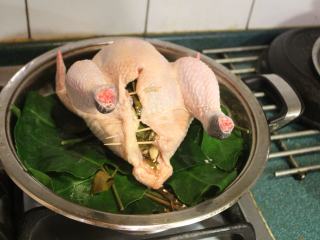 8、茄苳蒜头鸡,将麻油炒过的蒜头和茄苳叶塞入鸡肚内。也将鸡心、鸡肝也一起塞到鸡肚里。用牙签将鸡肚封起。把鸡放入锅内。