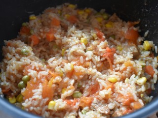 13、电饭煲+番茄饭,用饭铲将所有食材搅均匀就可以开吃啦