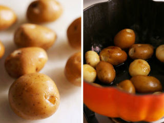 4、蜜烤蒜香五花肉,独蒜去皮备用;小土豆洗净后上蒸锅蒸约20分钟,取出后在土豆上用小刀叉两三刀。热铁锅中放入砂糖+独蒜+蒸后小土豆,滚动一下与猪油混和。