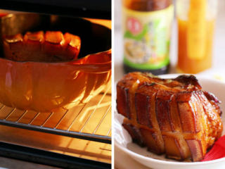 6、蜜烤蒜香五花肉,将铁锅放入已预热好的170度C烤箱中,烤约20分钟后,加盖锡纸,再继续烤约70分钟。