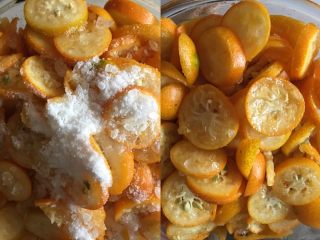 3、止咳化痰的金桔酱,冰糖捣碎先放一半的量,拌匀放冰箱腌制2小时以上