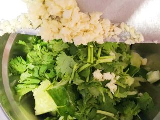 6、爽口开胃小菜~拍黄瓜,香菜段儿放入黄瓜盆里,加入剁好的蒜蓉。