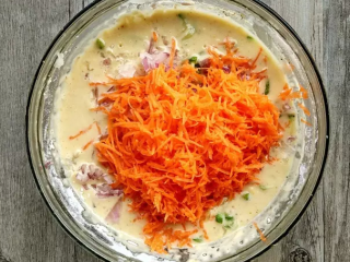 6、西葫芦早餐饼,加入西胡萝卜丝，洋葱和胡萝卜丝（去皮）我直接用搓丝板直接搓到里面的。事实证明洋葱不该用搓的，呛得我两眼泪汪汪。