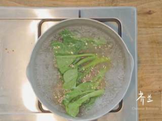 13、玫瑰叉烧煲仔饭,取煮锅烧水，加入适量油、盐将芥兰过水焯熟