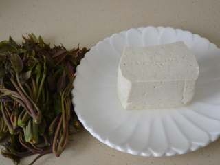 1、香椿拌豆腐,准备好1把香椿和1块豆腐。