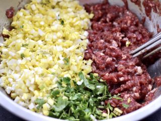 10、蒜黄牛肉饺子,把切碎的蒜黄和香菜末，倒入牛肉馅里。