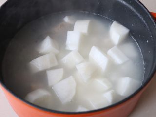 10、排骨炖白萝卜,加入白萝卜继续炖煮至熟烂即可；