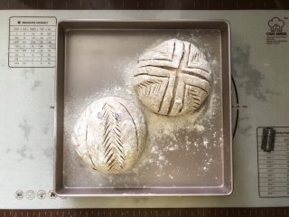 11、蔓越梅花生黑麦软欧包,11、撒粉后用锋利的刀子割出花纹。