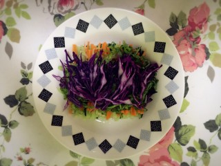 6、手撕鸡胸肉,将生菜，紫甘蓝切细摆盘