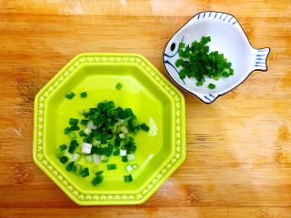 2、唐三彩（家常蚝油彩椒杏鲍菇）,小葱洗净，如图所示，切圈，留出一部分葱青，备用