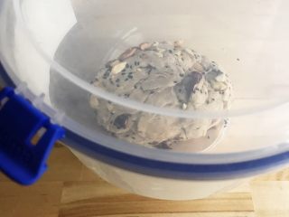 6、免揉黑糖干果软欧包,加盖室温发酵(但不要密封)。每隔半小时折叠翻拌面团几次。2小时后放入冰箱冷藏24~36小时进行低温发酵