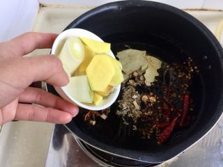 9、来点重口味+麻辣干锅肥肠,姜切片葱白切段，加入锅中