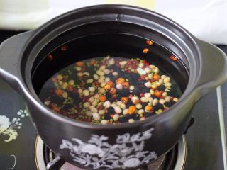 2、杂粮粥,把黄豆、绿豆、红豆、黑豆、鹰嘴豆、干百合、莲子、红枣、薏米提前泡发一个晚上、砂锅里加入适量清水、先把豆类放进砂锅里、大火煮沸后