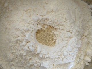 4、红枣馒头,面粉中间挖个小坑，放入5克酵母。再用面粉埋上。