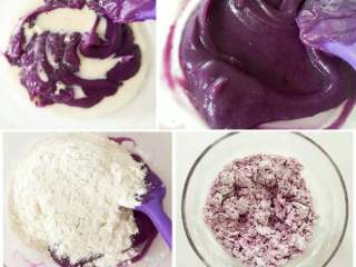 1、三色开花馒头,把融化好的酵母倒入搅拌好的紫薯泥中搅拌均匀，倒入100g面粉，用刮刀或筷子搅拌成絮状。