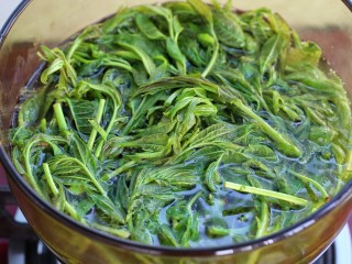 5、香椿拌豆腐,另起锅烧开水加几滴食用油和一茶匙盐，再放入香椿焯烫约一分钟