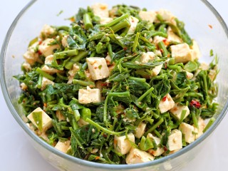 11、香椿拌豆腐,用筷子轻轻拌匀装盘即可