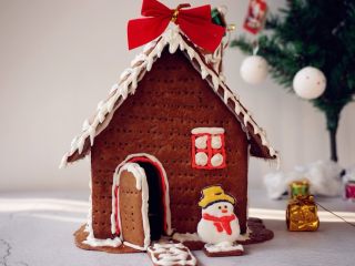 14、圣诞姜饼屋,取极少量打发好的糖霜,加一丁点色素(用牙签挑一点点即可),加几滴凉开水,调成红色或者你喜欢的颜色,画出窗户。取蛋白霜加几滴凉开水调稀一点点,画出屋顶的纹路,发挥随意。(最好是另外用碗装着蛋白霜来调试浓稀度,万一水给多了,可以加蛋白霜)