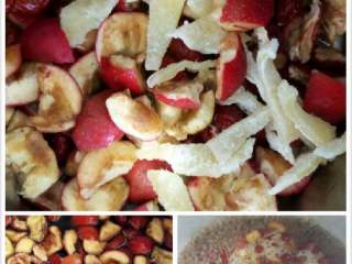 2、黑糖山楂红枣膏#健康美颜餐#,把姜片切丝，红枣去核，山楂去仔，倒入煮开的的黑糖水了煮开。