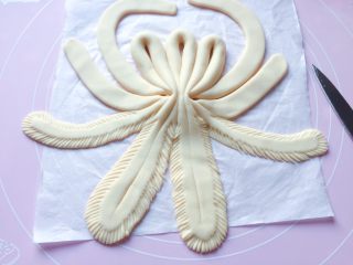 9、漂亮花馍,如图：边上两条边缘处同样切成小细条。