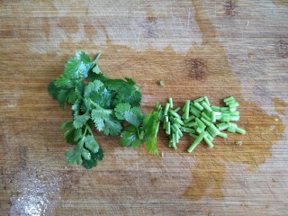 3、干锅肥肠,香菜洗净切碎备用。