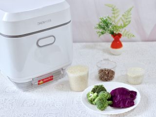 1、黎麦紫甘蓝时蔬饭团,首先备齐蒸饭的食材。