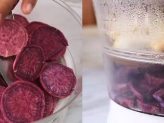 3、“瘦”不了了!还是受不了?紫薯和香芋的甜蜜!诱人不?!,红薯切片,熟得更快更均匀,蒸半小时左右