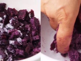 4、“瘦”不了了!还是受不了?紫薯和香芋的甜蜜!诱人不?!,加适量椰奶,拌匀后捏成红薯泥