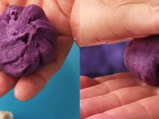 9、“瘦”不了了!还是受不了?紫薯和香芋的甜蜜!诱人不?!,红薯饼包起来搓圆后稍微压扁